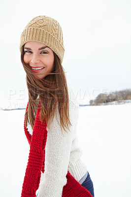 Buy stock photo Woman, portrait and fashion in outdoor snow, warm clothes and designer jersey or season outfit. Female person, smile and cold weather on holiday or vacation, style and beanie aesthetic in Switzerland