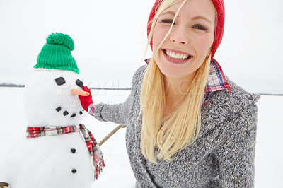 Buy stock photo Portrait, snow and woman building a snowman from Sweden in winter happy about holiday. Female face with happiness and christmas excitement on vacation outdoor for holidays travel in nature