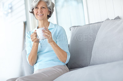 Buy stock photo Senior woman, peace and coffee in home on weekend, satisfaction and hot beverage for calm tea. Female person, drinking latte and thinking in retirement, wellness and relax in apartment for good mood