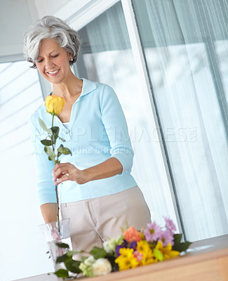 Buy stock photo Senior woman, vase and bouquet in home with thinking, smile and natural floral decoration in morning. Elderly person, happy and style with flowers, hobby and glass container in house for retirement