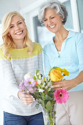Buy stock photo Smile, parent or happy woman with flowers in portrait together with love, pride and wellness for gardening. Mothers day, mature and daughter bonding in home with family, mom or gift present in USA