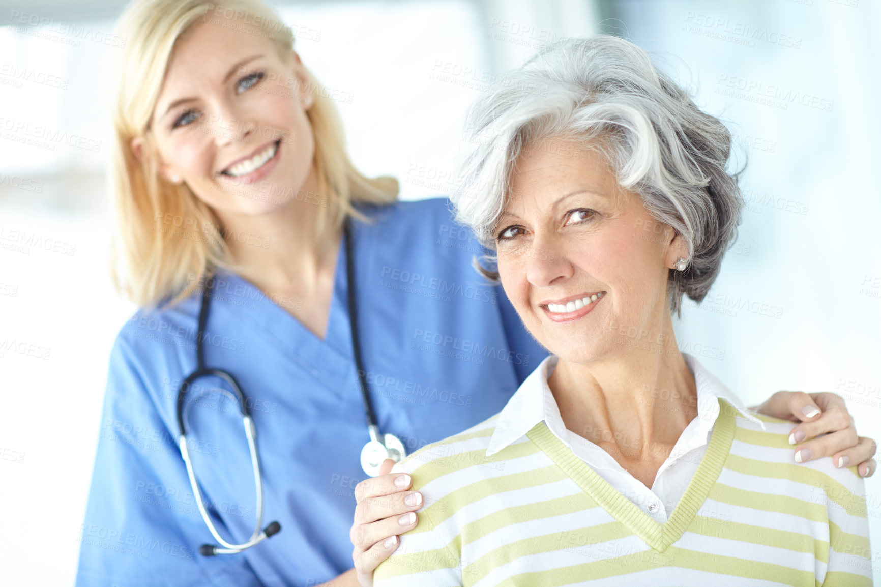 Buy stock photo Senior woman, portrait or caregiver with smile for healthcare support, empathy or hope at nursing home. Lady, help or friendly nurse with patient, trust or happy person with medical service in clinic