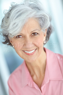 Buy stock photo Senior, woman and face with natural beauty from dermatology or skincare in retirement. Happy, portrait and elderly person with makeup from cosmetics or smile with antiaging care for skin in home