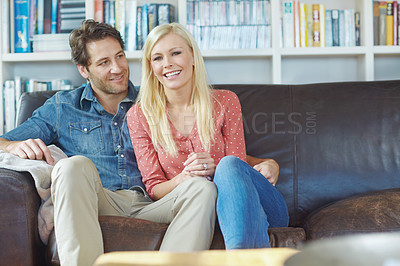 Buy stock photo Smile, hug and happy couple on couch with romance, care and bonding in home lounge. Embrace, man and woman on sofa relaxing, love and enjoying conversation, relationship and weekend in living room