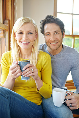 Buy stock photo Happy couple, portrait and drinking coffee by home window for morning breakfast or caffeine, bonding or married. Man, woman and weekend resting in apartment or hotel vacation with smile, love or calm