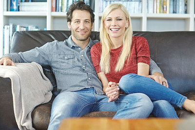 Buy stock photo Happy couple, relax and portrait in house on couch, together in apartment for wellness. Woman, man and smile for relationship in home on sofa, cheerful in living room for weekend date with movie