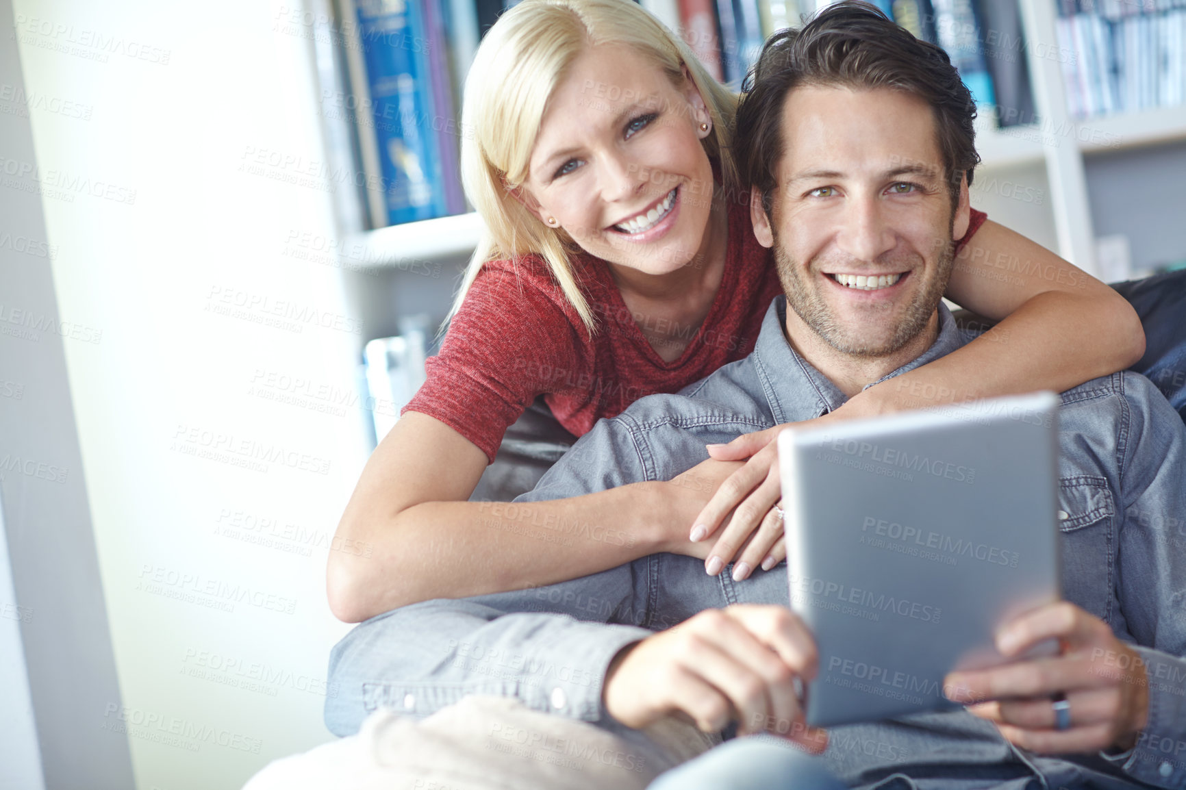 Buy stock photo Smile, couple and home sofa with tablet or relaxing online, people happy and internet browse together on social media. Web, scrolling and relationship bonding, networking and communication apartment