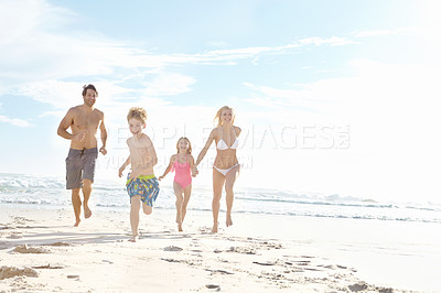 Buy stock photo People, beach and running with holiday, family and happiness with weekend break, adventure and bonding together. Parents, mother or father with children, kids and seaside for joy, smile or travel