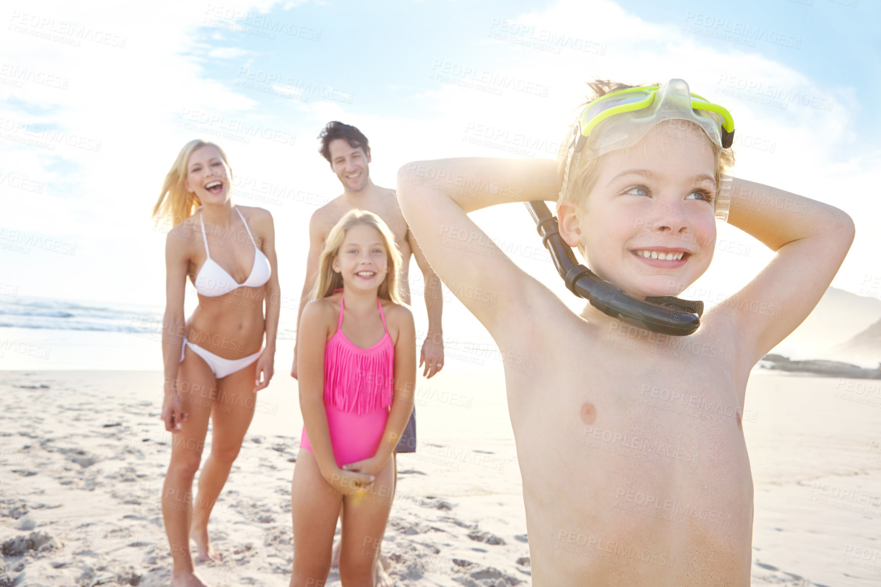 Buy stock photo Family, portrait and child with goggles on beach for snorkeling, adventure and happiness on vacation. Kid, smile and parents with girl on holiday in Florida, summer or excited for swimming in sea