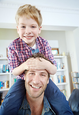 Buy stock photo Family home, father and son in portrait with piggyback for bonding, playful and enjoying together on weekend. Happy people, child and dad for support, caring and healthy connection with parent love