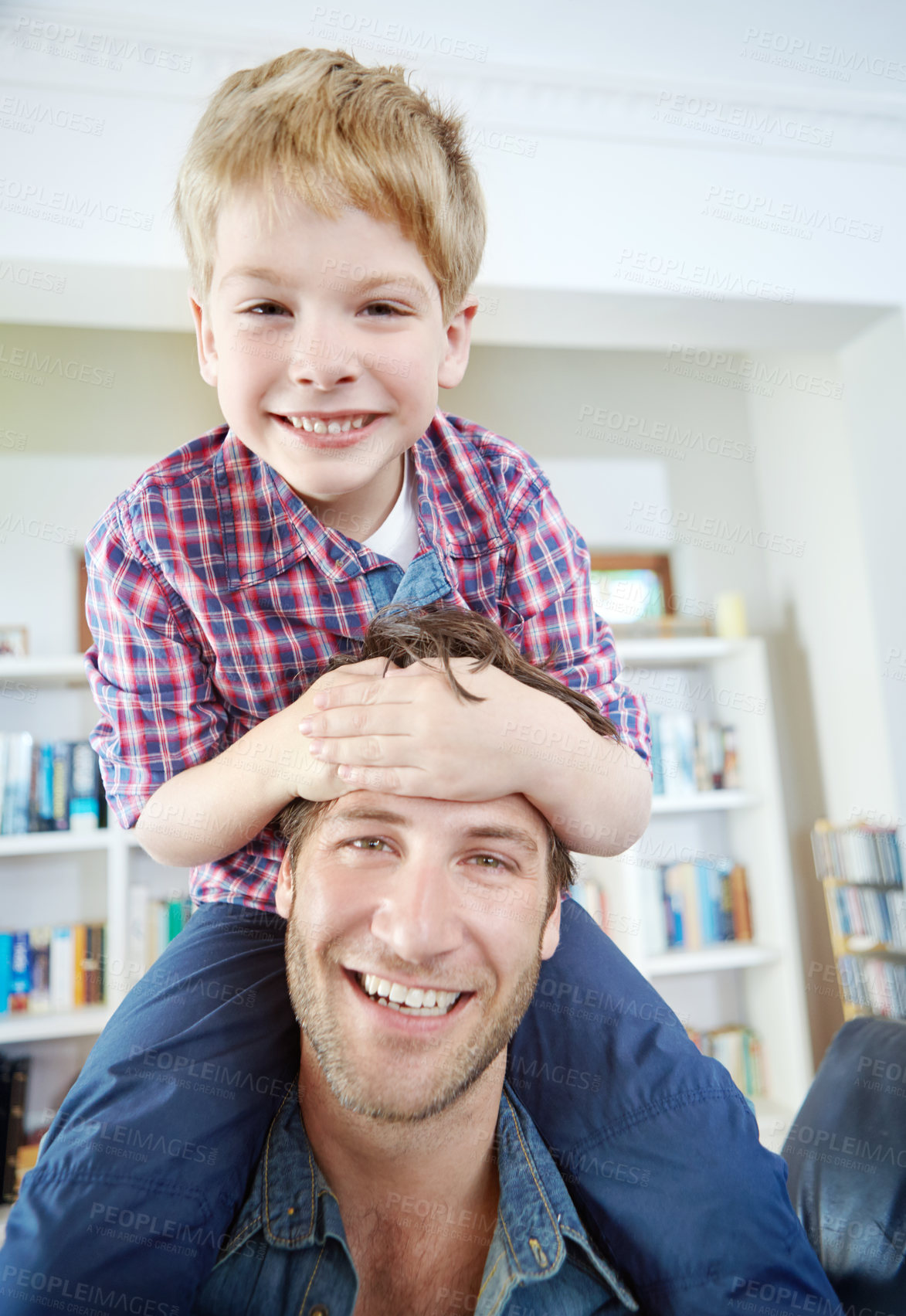 Buy stock photo Family home, father and son in portrait with piggyback for bonding, playful and enjoying together on weekend. Happy people, child and dad for support, caring and healthy connection with parent love