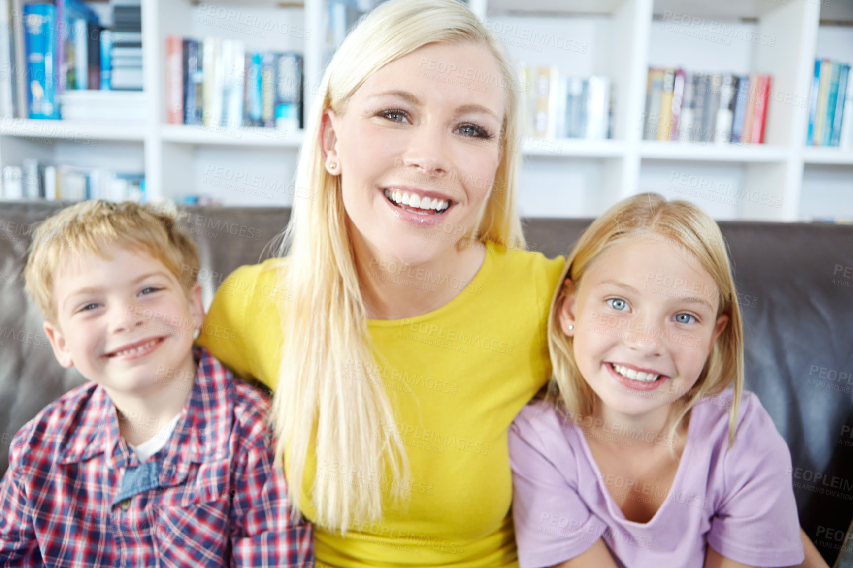 Buy stock photo Portrait, mother and kids on sofa with embrace, bonding and love in living room for playful family in home. Relax, mom and children on couch for happy weekend together with fun, smile and hugging