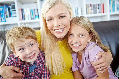 Buy stock photo Portrait, mom and kids on couch with hug, bonding and love in living room for playful family in home. Relax, mother and children on sofa for happy weekend together with fun, smile and embrace.