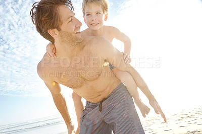 Buy stock photo Dad, boy and smile in beach with piggyback on holiday in summer, bonding and support in Miami. Parent, kid and happy or excited with fun at seaside on vacation, trip and travel for child development