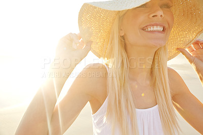 Buy stock photo Sunset, woman and happy for walk on beach for travel, adventure and vacation in nature. Female person, journey and smile with pride for holiday, summer and sunshine on tropical island in Thailand 