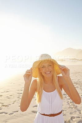 Buy stock photo Portrait, beach and woman in nature with hat for summer vacation, holiday trip or tropical getaway. Travel, outdoor and female person with smile for happiness, weekend adventure or journey to Mexico