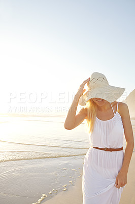 Buy stock photo Smile, beach and woman in nature with hat for summer vacation, holiday trip or tropical getaway. Travel, outdoor and person on coastline for happiness, weekend adventure or journey to Mexico