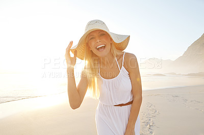 Buy stock photo Portrait, hat and woman on beach with sand for holiday travel, summer sunshine and sunset for tropical environment. Ocean vacation, tourist girl and peace for wellness and outdoor adventure in Mexico