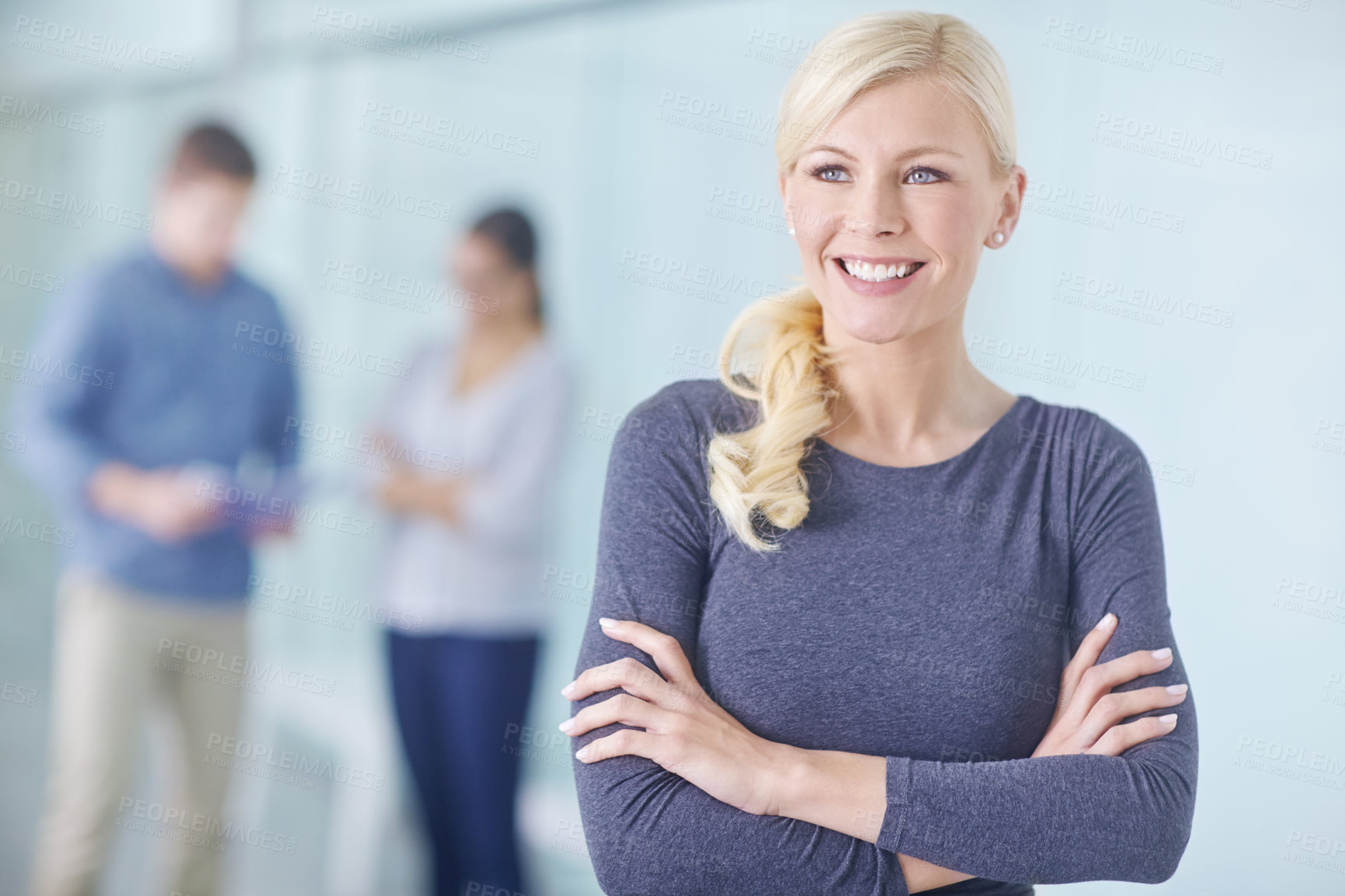 Buy stock photo Woman, office and arms crossed with smile or thinking, advocate or attorney at law firm. Female lawyer, planning or idea with contemplation for justice, happiness and thoughtful for career with legal