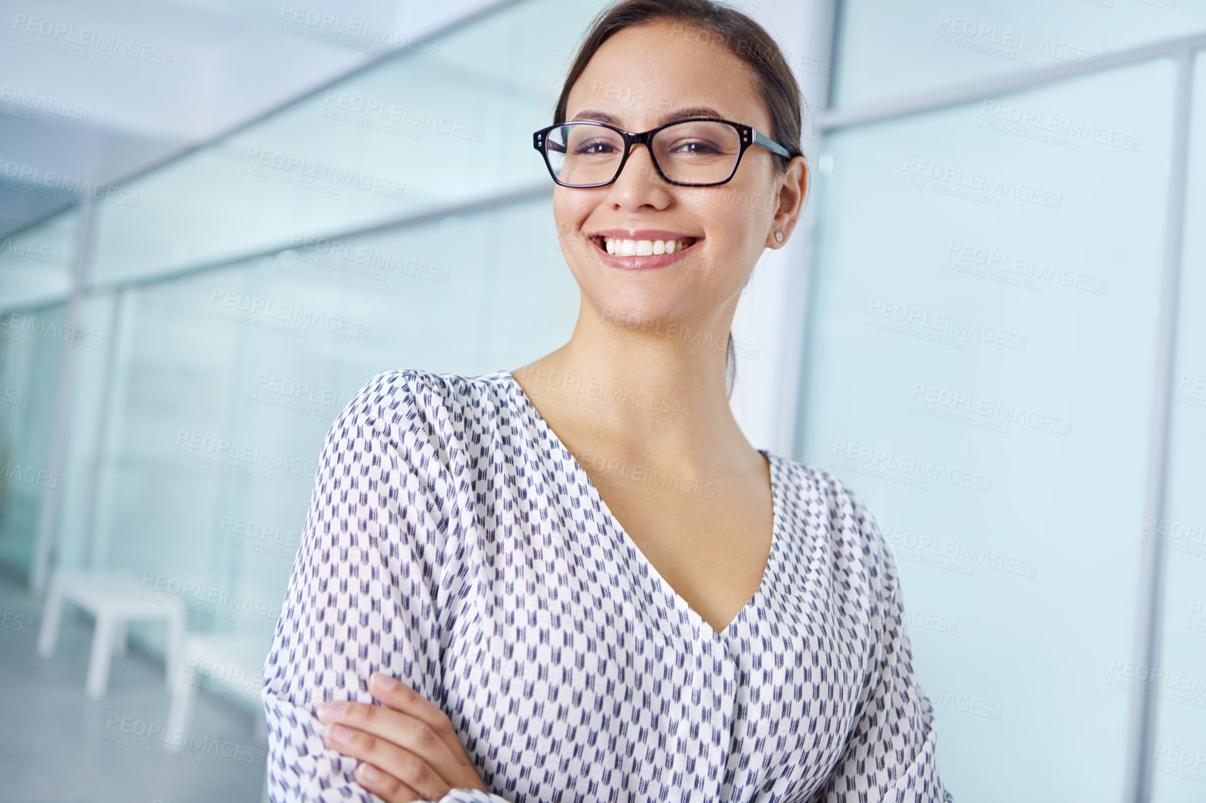 Buy stock photo Office, smile and portrait of woman with arms crossed for workplace, ambition or pride in career. Positive, female person and employee in lobby of agency for creative company, happiness or confidence