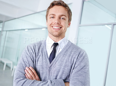 Buy stock photo Man, confident and happy in office for business at company, work and promotion as employee with smile. Consultant, portrait and crossed arms in workplace as pride for job, development and opportunity