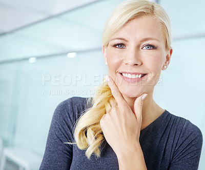 Buy stock photo Portrait, smile and solution with business woman in office hallway for career. Company, employee and idea with happy designer in creative workplace for professional thinking and problem solving