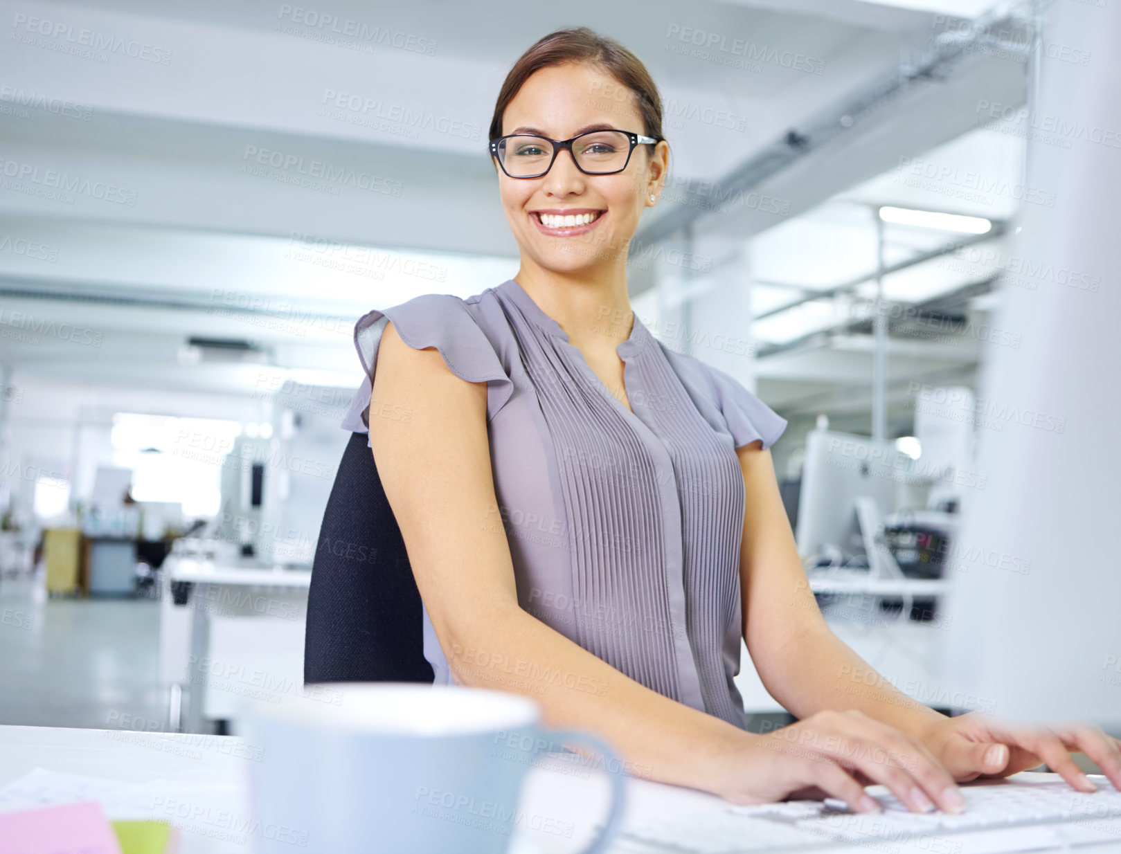 Buy stock photo Happy, woman and portrait with computer in office for internet, research or online finance news. Smile, financial advisor and technology with networking for investment plan, budget or email to client