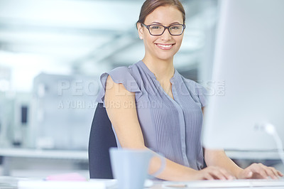 Buy stock photo Happy, woman and portrait with monitor in office for research, communication and online finance news. Smile, financial planner and tech with internet for investment, budget and digital feedback