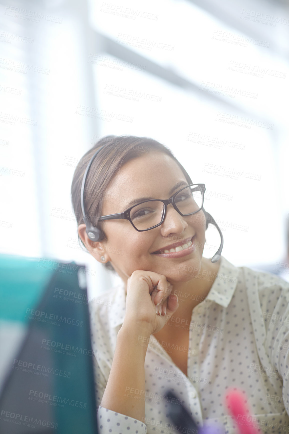 Buy stock photo Girl, happy and portrait of consultant in call center for online assistance, advice and customer support for inbound sales. Woman, virtual assistant and agent for crm, contact us and telemarketing.