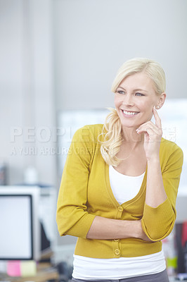 Buy stock photo Ideas, female designer and happy in office for project, startup and company planning for career. Confidence, thinking and woman in workplace with entrepreneurship and smile for job in Los Angeles 