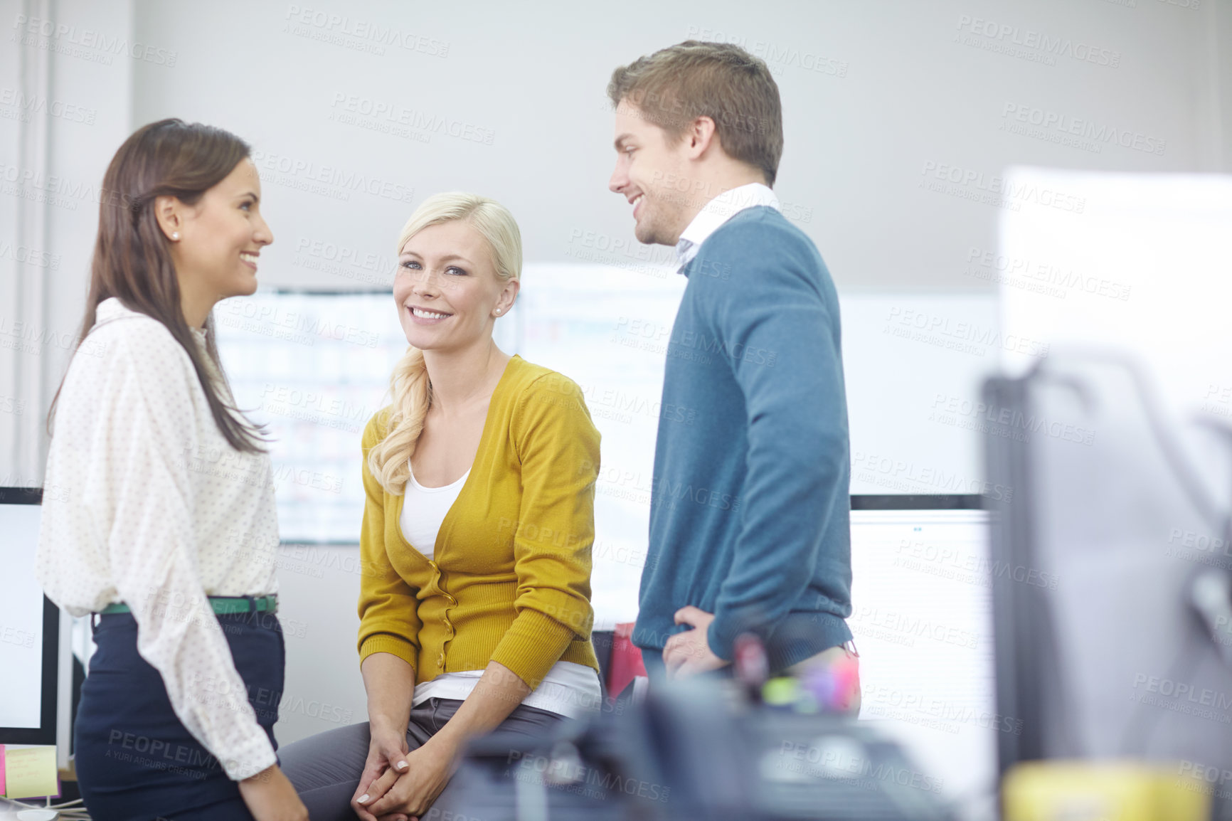 Buy stock photo Relax, business people and portrait in office for discussion, conversation and good news on startup project. Creative agency, women and man with happiness for teamwork, announcement and feedback