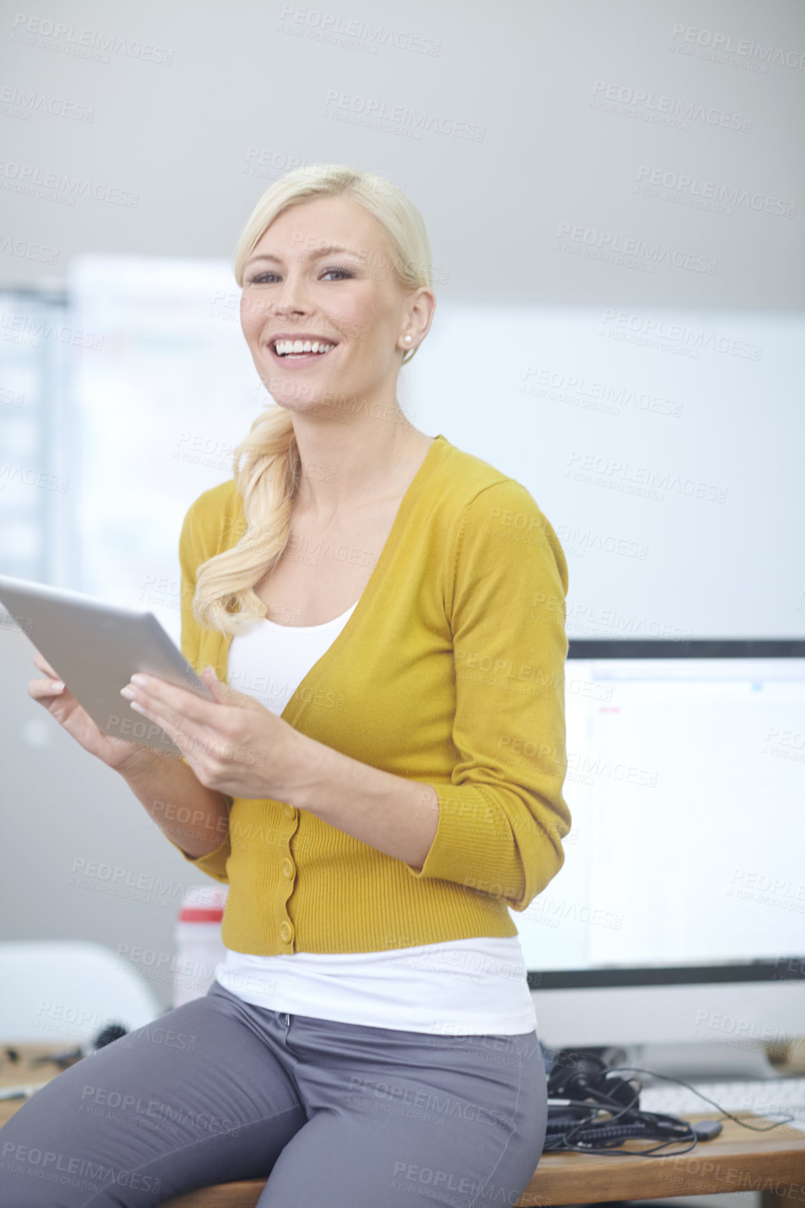 Buy stock photo Portrait, smile and tablet with web developer woman at desk in office for design or research. Computer, creative and software with happy programmer and company workplace with professional technology