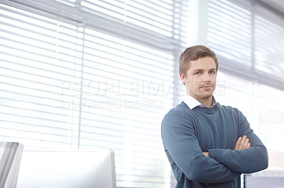 Buy stock photo Man, portrait and arms crossed in office with pride for career growth as human resources manager. Employee, confident and serious for job position or opportunity in small business and company