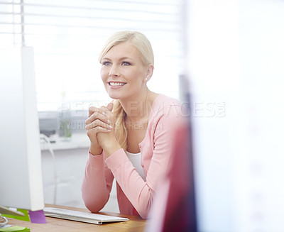 Buy stock photo Computer, smile and thinking with business woman in office for administration or web development. Desktop, design and vision with happy employee in workplace for information, networking or research