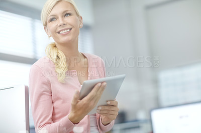 Buy stock photo Office, business woman and thinking with tablet for project research, online website and working. Female receptionist, reading and planning for report, administration and tasks with technology