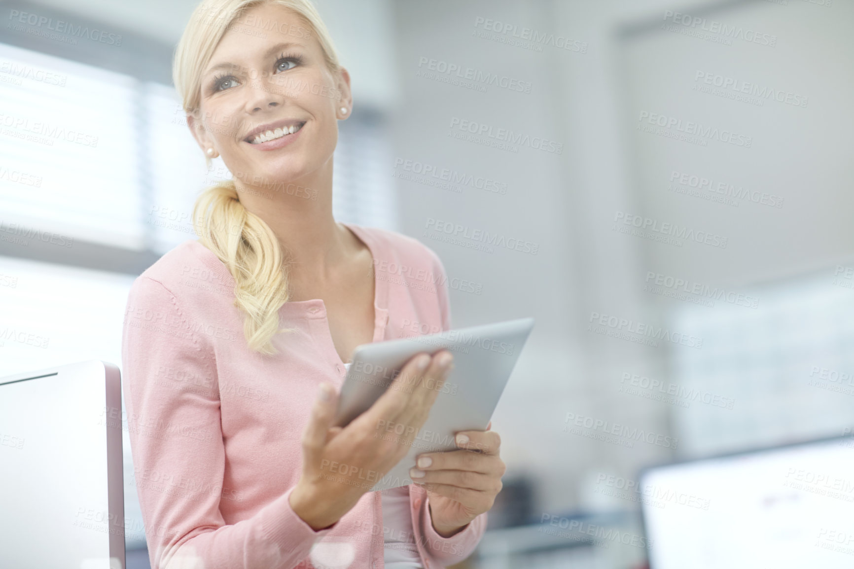 Buy stock photo Office, business woman and thinking with tablet for project research, online website and working. Female receptionist, reading and planning for report, administration and tasks with technology