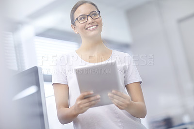 Buy stock photo Office, businesswoman and thinking with tablet for website, online research and working with ideas. Female receptionist, reading and planning for human resource, administration and tasks with digital