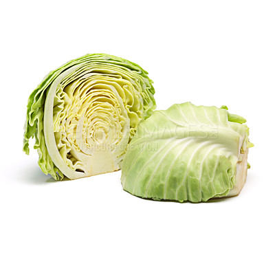 Buy stock photo Cabbage half, vegetable or edible plant for harvest, fresh leafs and food for raw produce on diet on white background. Green, nutrition or healthy organic with vitamins and round with antioxidant