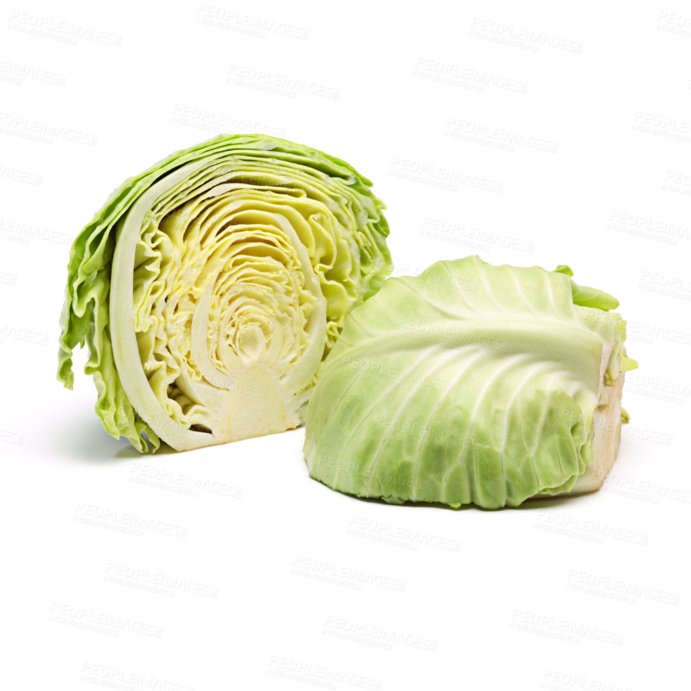 Buy stock photo Cabbage half, vegetable or edible plant for harvest, fresh leafs and food for raw produce on diet on white background. Green, nutrition or healthy organic with vitamins and round with antioxidant