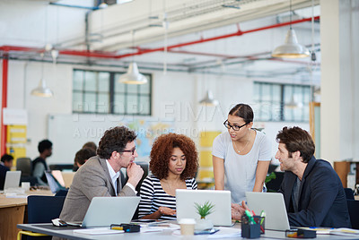 Buy stock photo Diversity, technology and teamwork at office for discussion with agency, collaboration and graphic design. Global people, laptop and ux in workplace for creative startup, brainstorming and website