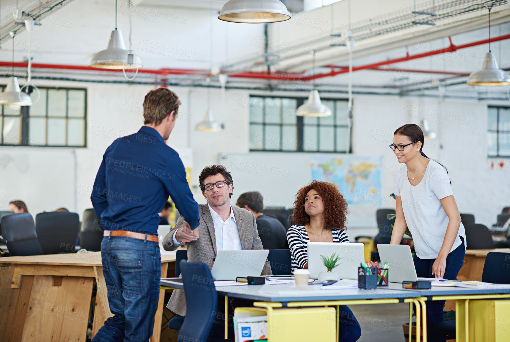 Buy stock photo Business people, handshake and meeting for welcome, b2b or agreement in office. Happy, ceo and employee, shaking hands for thank you, deal or recruitment onboarding in professipnal workplace