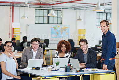 Buy stock photo Business team, laptop and meeting in office portrait for collaboration, diversity and planning growth. Startup, colleagues or partners work together for company development and online strategy