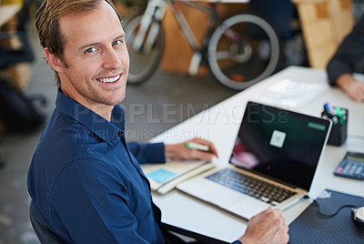 Buy stock photo Designer, workstation and laptop smiling in portrait for cyber security, tech development or seo growth. Businessman, happy and on pc for online company, programming and internet analytics 