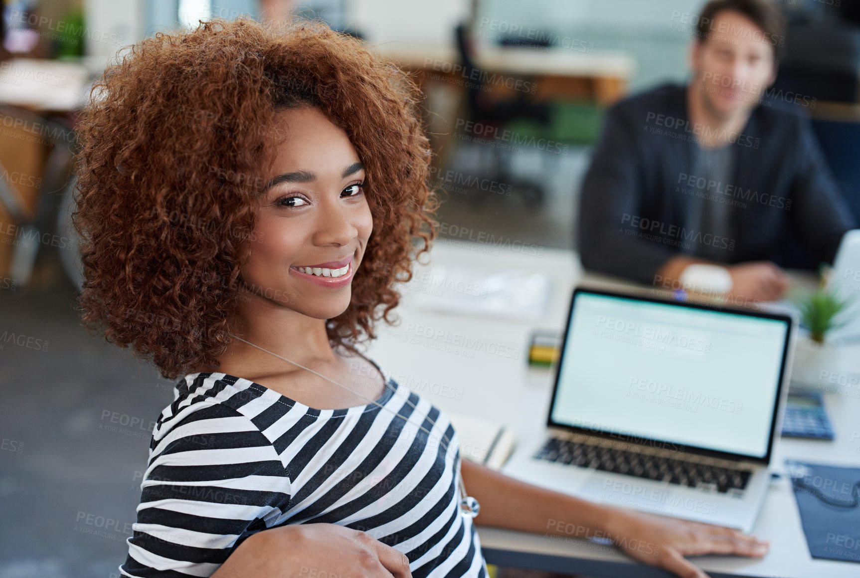 Buy stock photo Professional, computer and businesswoman in portrait in office for creative work, career and graphic designer. Woman with smile, screen and laptop for connectivity or tech with coworker in workplace