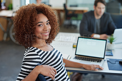 Buy stock photo Professional, laptop and businesswoman in portrait in office for corporate work, career and business analyst. Woman with smile, screen and computer for connectivity or tech with coworker in workplace