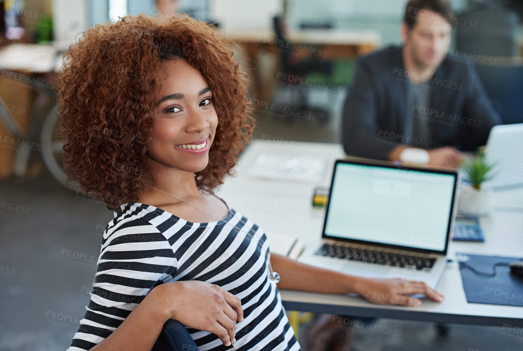 Buy stock photo Professional, laptop and businesswoman in portrait in office for corporate work, career and business analyst. Woman with smile, screen and computer for connectivity or tech with coworker in workplace