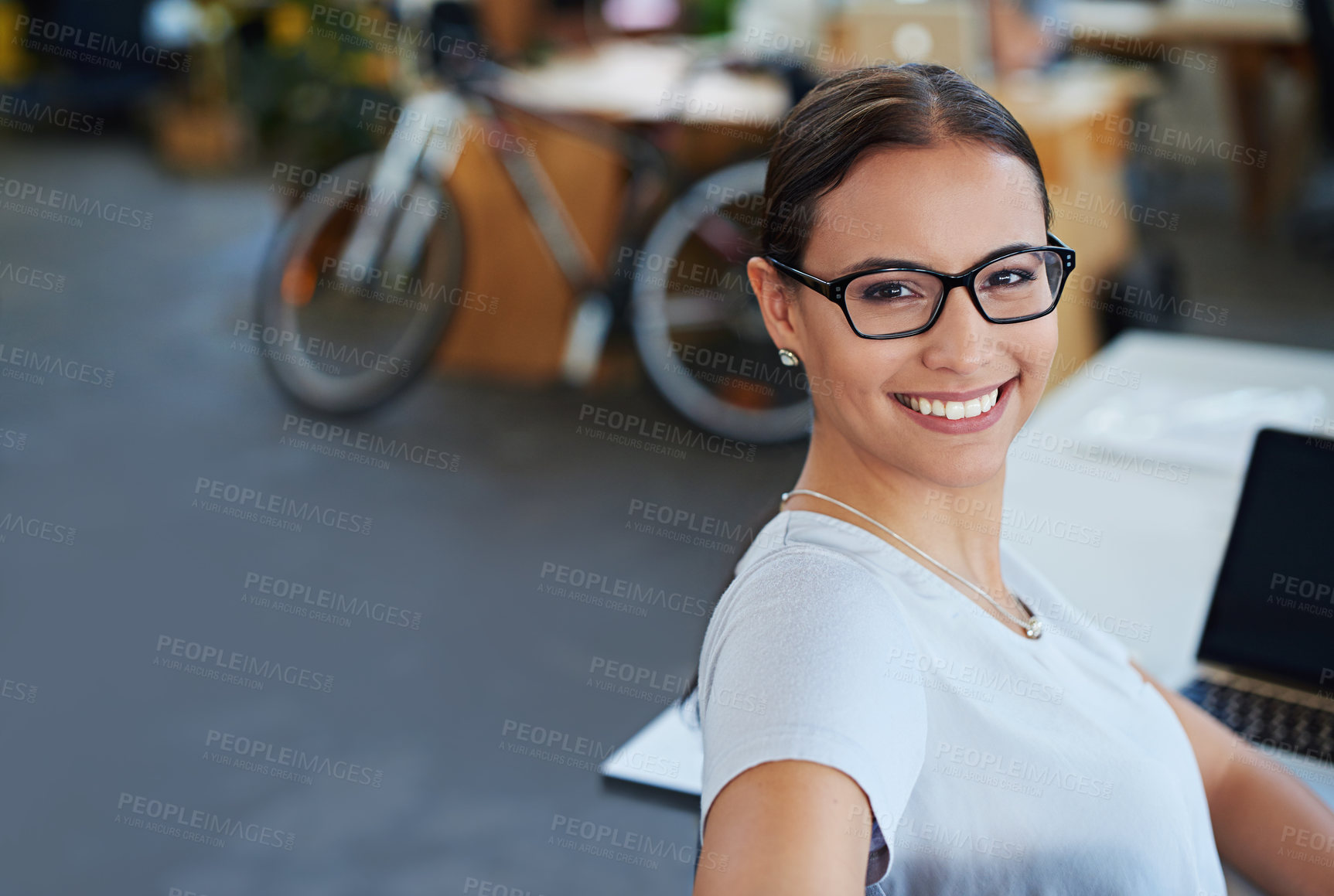 Buy stock photo Woman, office and smile in portrait with desk in confidence with career in administration job. Female person, workplace and table with laptop for feedback, review and online research with technology