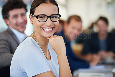 Buy stock photo Woman, meeting and confident in office portrait with colleagues for corporate, collaboration and agenda. Business person, team and working together for project, support and communication