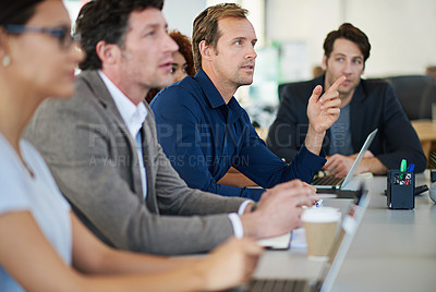 Buy stock photo Businesspeople, colleagues and seminar for conference or meeting in boardroom with tech. Corporate, group and coworkers in office for teamwork, collaboration and planning in workplace for workshop