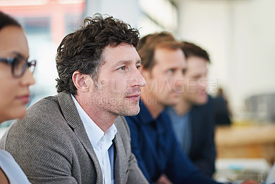 Buy stock photo Man, audience and manager for workplace listening with planning, cooperation and business meeting. Serious male person, teamwork and attention in boardroom for discussion, partnership and workshop